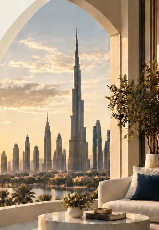 Skyline de Dubái con el Burj Khalifa al atardecer, visto desde una terraza